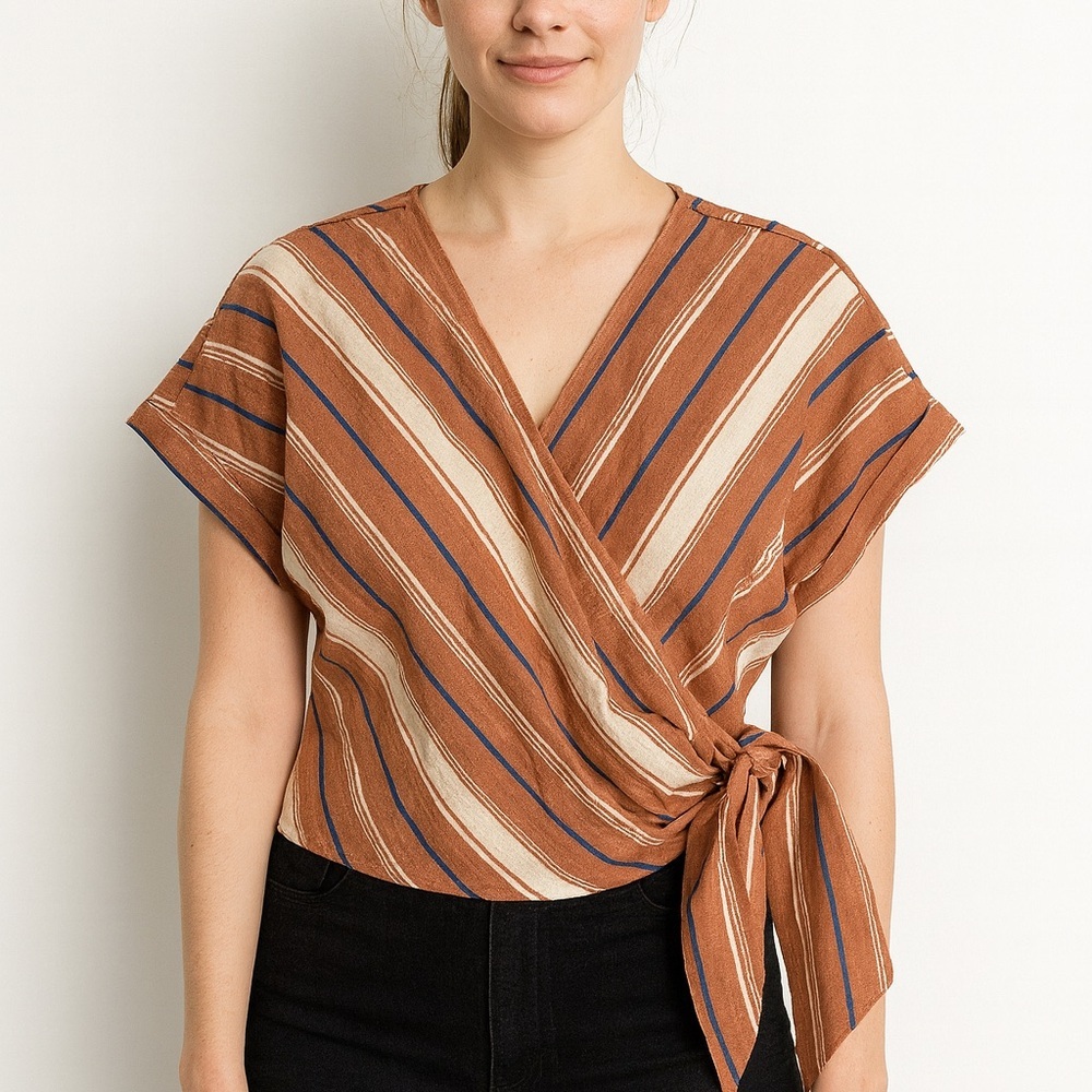 (B11)‎ Lost + Wander Linen Blend Striped True Wrap Crop Top Oversized Sleeves, L